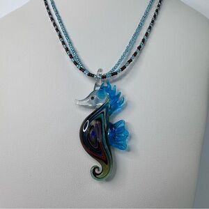 Hand Crafted Luminous Blue Lampwork Glass Seahorse Pendant Necklace